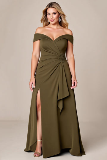 Off The Shoulder Olive A Line Mother of the Bride Dress with Slit
